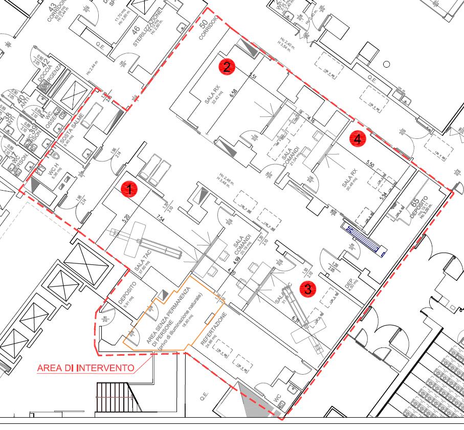Pagina 3 di 11 Figura 2 Progetto di quattro sale radiologiche Per le valutazioni e la denominazione delle sale si è fatto riferimento alla