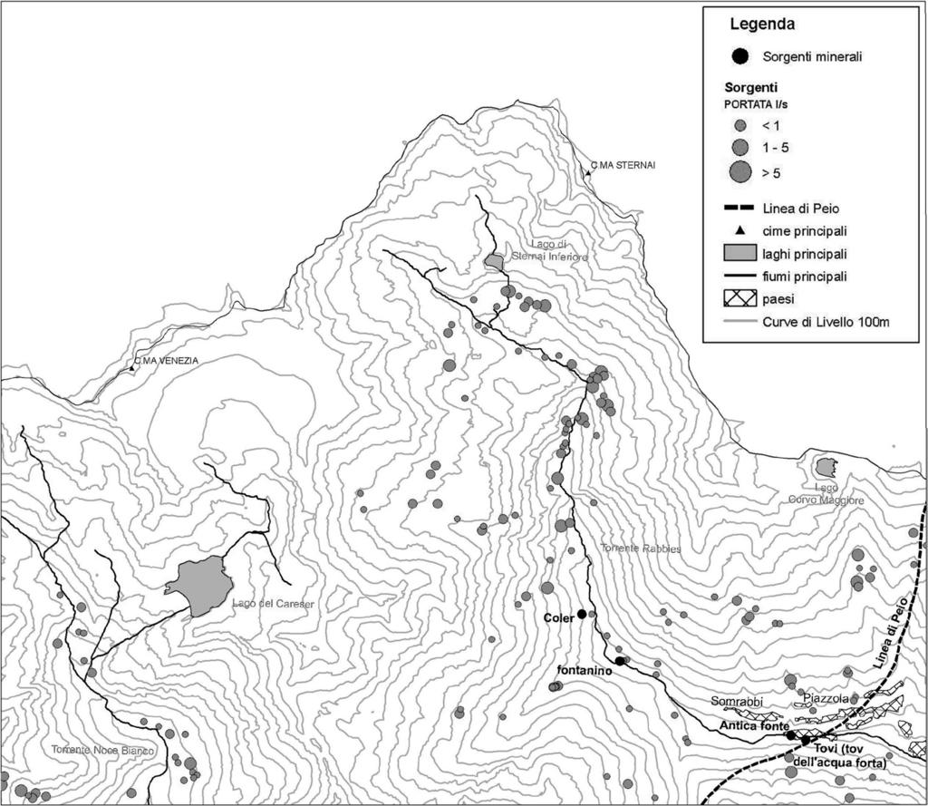 Provincia Autonoma di Trento - Servizio Geologico Fig. 32 Distribuzione delle sorgenti nelle valli della Mare e di Rabbi. Sono indicati i nomi delle sorgenti citate in dettaglio nel testo.