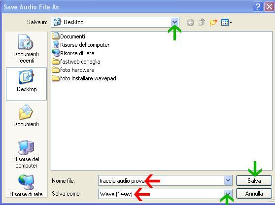 Apparirà la finestra (Save Audio File As) Prima in alto,dal menu a discesa scegliamo la directory dove salvare.