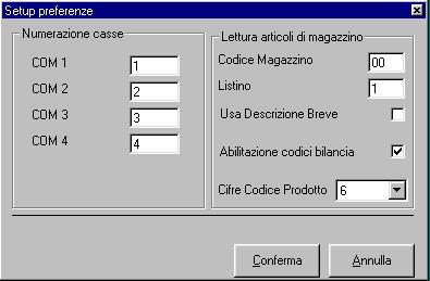 Cliccando su preferenze appare la seguente finestra Programmazione preferenze: Codice magazzino, definire il codice del magazzino da destinare al registratore di cassa.