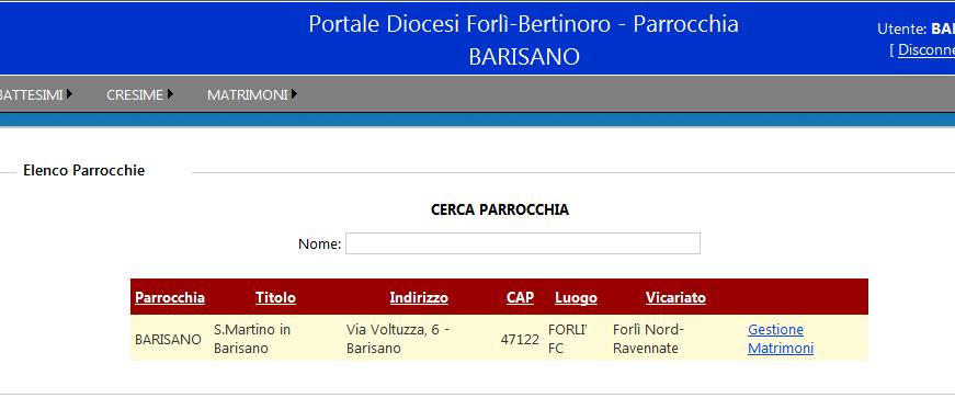 Inserimento o modifica di un matrimonio - Cliccare sulla voce di menù