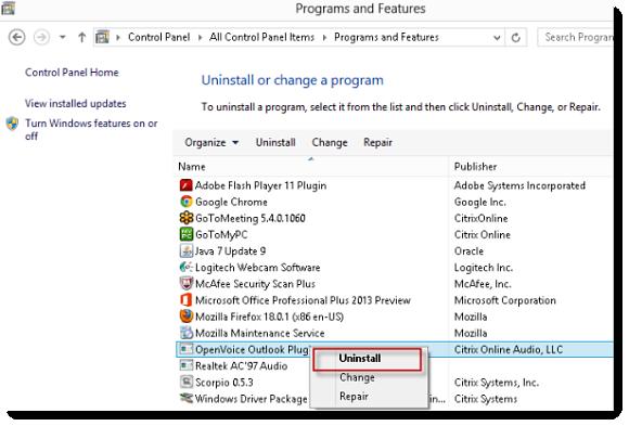 Disinstallazione del plugin OpenVoice Outlook Per disinstallare il plugin Outlook 1. Chiudere tutte le applicazioni aperte di Microsoft Office (ad esempio, Word, Outlook). 2.