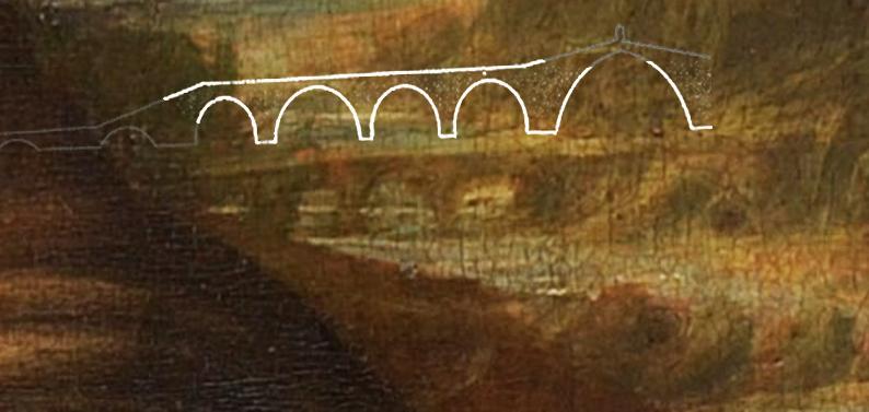 Comparazione tra il ponte dipinto e il rilievo del Ponte Gobbo dell agrimensore Olmerini (1719) Il rilievo dell agrimensore Olmerini riproduce il ponte alla data del 1719 con cinque archi di cui uno