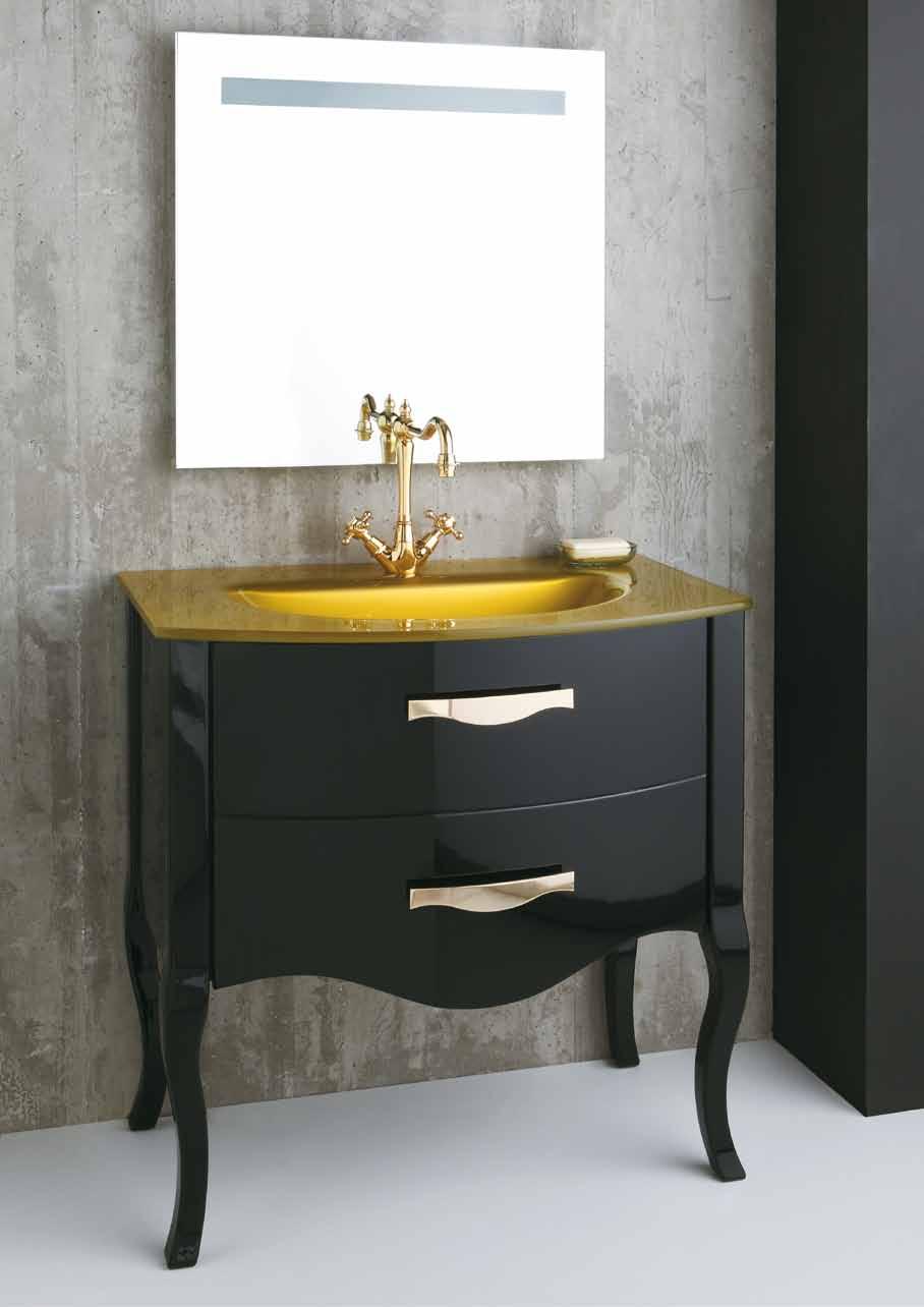 12 Mobile Zeus a terra con lavabo in vetro oro Dimensioni: 80x50 h84 cm Finitura: nero lucido Maniglia: Zeus Oro Zeus