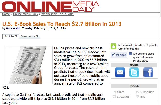 ebook previsioni 2011 mercato US 2009 313milioni $ 2013 2.