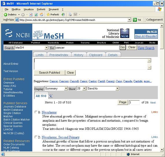 Ricerca dei descrittori Mesh 1. Click su MeSH Database 2.