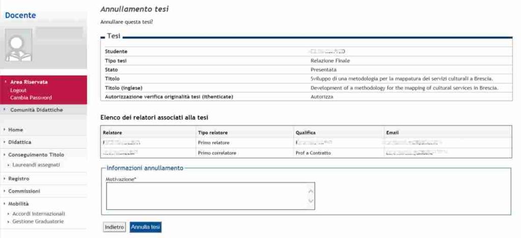 2.2 - ANNULLA TESI L esecuzione di questa azione comporta il passaggio di stato della tesi in Annullata.