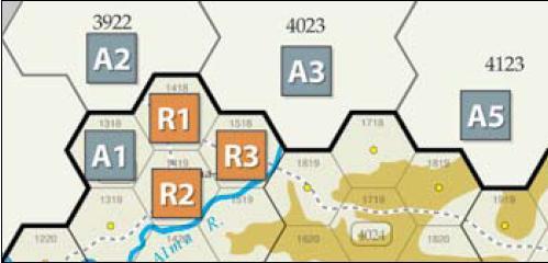 Nessuna unità sovietica aggiuntiva con valore di raggruppamento di uno o più può raggrupparsi negli esagoni 1518, 1619 o 1718 poiché sono già presenti 10 punti raggruppamento sovietici, il massimo