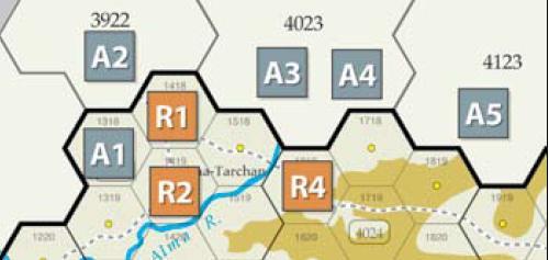 Le unità che non sono in grado di entrare negli esagoni interni da esagoni della Mappa Q (MP rimanenti insufficienti) rimangono in questi esagoni adiacenti della Mappa Q sino alla loro fase di