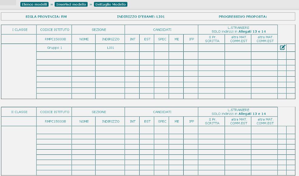 Area tematica Modello ES-0 In corrispondenza del Gruppo 1 è presente l icona di inserimento/modifica che consente all utente di inserire i dati del Gruppo 1 della I classe d esame.