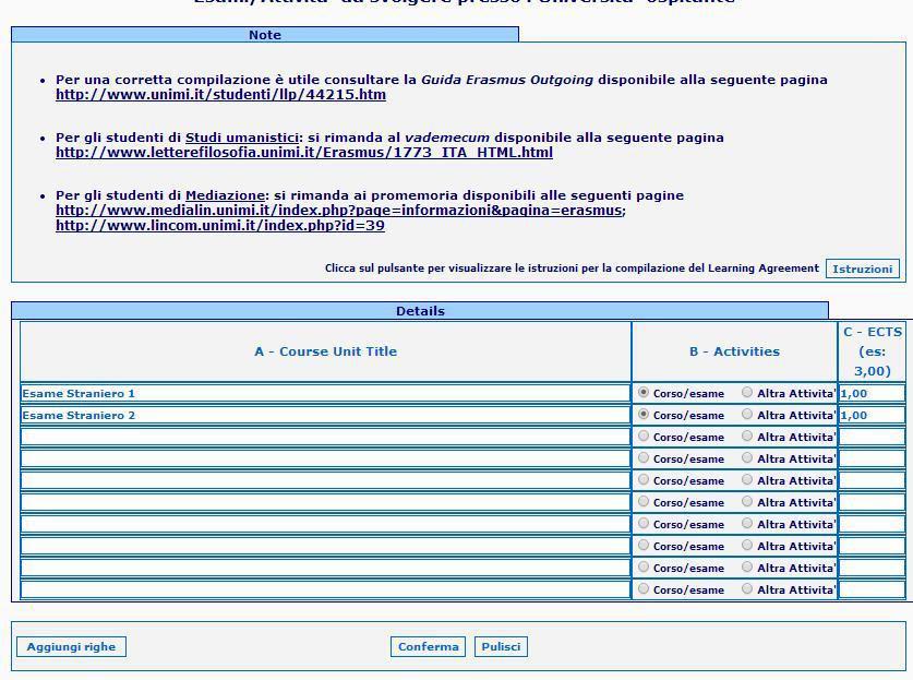 Step 2 per la compilazione del Learning Agreement Inserire le