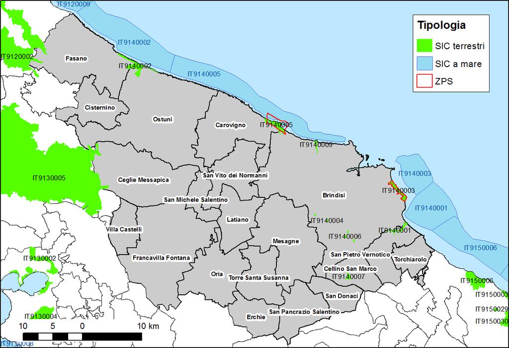 Figura 1.1 Inquadramento geografico degli istituti di tutela della biodiversità nella Provincia di Brindisi.