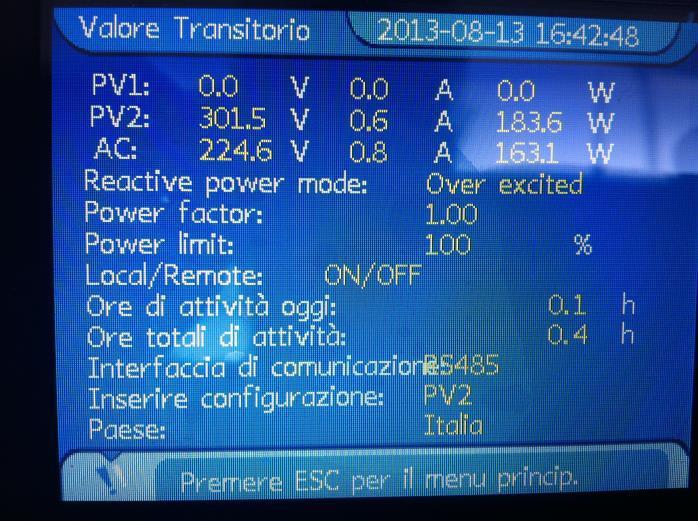 Modalità di funzionamento Verificare che l inverter, nella sezione Esc / Valori istantanei, abbia i parametri Local/Remote