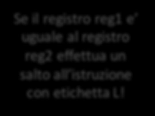 Salto su condizioni Le due istruzioni di salto condizionale sono: beq reg1, reg2, L1 bne reg1, reg2, L1 Se il registro reg1 e uguale al registro