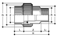 BIROV Bocchettone di passaggio PVC-U/ottone con estremità d a bicchiere per incollaggio, estremità R maschio filettata BSP in ottone, guarnizione O-Ring in EPDM d x R R 1 PN E H K L L 1 Z g Codice 16