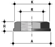 LIFV Attacco per serbatoi estremità d femmina per incollaggio, connessioni filettate maschio R e femmina R1 con dado di serraggio e guarnizione piana in EPDM o FPM d x R x R 1 PN A H K L L 1 L 2 L 3
