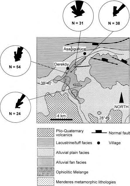 Geological map of the Selendi Basin (Turkey) showing palaeocurrent trends