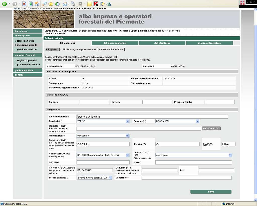 Per modificare i dati da aggiornare (fatturato, personale, attività svolte, mezzi ed attrezzature), premere il pulsante modifica scheda.