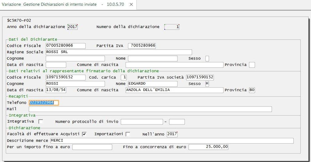 Si accede dalla Contabilità funzioni di base, poi Gestione Plafond, poi Nuova gestione dichiarazione d intenti, poi Gestione Dichiarazioni d intento inviate (Menù $CDI Azione $COB, programma $C5R70).