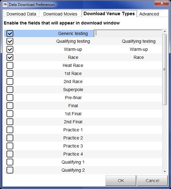 Download Venue Types (immagine sotto a sinistra): è possibile abilitare/disabilitare le etichette che appariranno nella finestra di download scegliendole