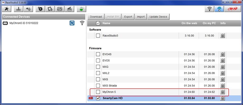 Gli altri pulsanti hanno le seguenti funzioni: Download: scarica il firmware/software selezionato Install SW: permette di installare in un secondo momento il software scaricato (nell esempio il