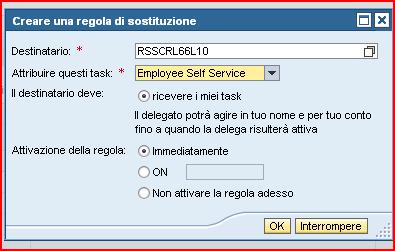 - Immediatamente: la regola è subito attiva; - ON: è possibile inserire la data a partire dalla quale sarà attiva la delega