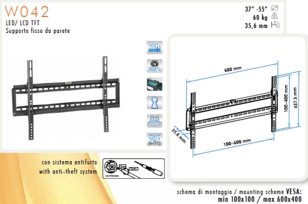 PB/W042 NERO 8019950300438 Staffa per TV LCD, LED e PLASMA da 37" a 55", portata Kg. 60, fisso a parete.