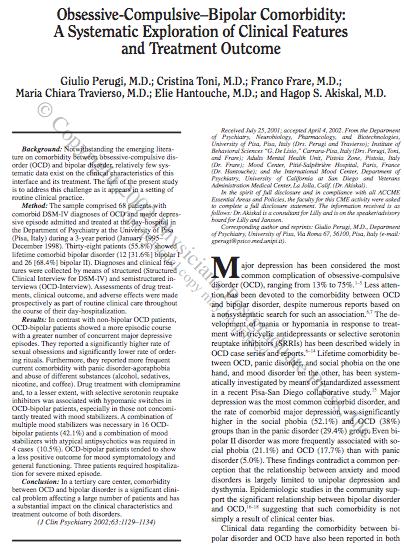 DISTURBO BIPOLARE e DOC Maggior frequenza di ossessioni a contenuto sessuale e religioso Minor frequenza di rituali di ordine o di check Comorbidità maggiore con Disturbo di Panico- agorafobia