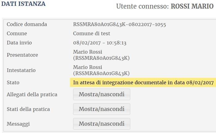 5 Invio di Integrazioni e Conformazioni (per pratiche già trasmesse) NOTA : La funzionalità descritta in questo capitolo, è presente soltanto per alcuni Comuni Dopo che l utente ha inviato una