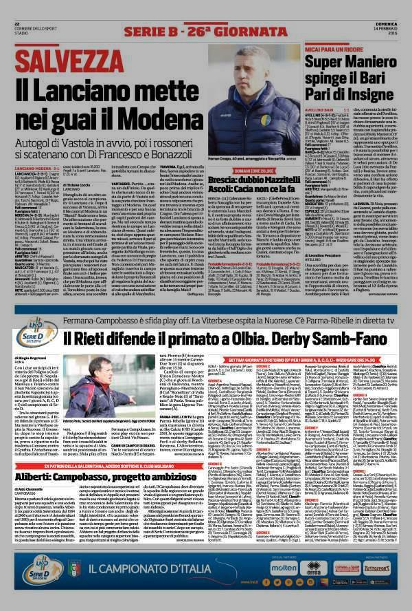 Pagina 22 Corriere dello Sport Stadio Comune di San Mauro Il Rieti difende il primato a Olbia.