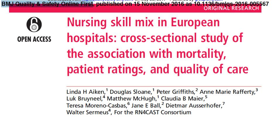 Nurse Staffing Skill mix Rapporto numerico pazienti/i nfermieri Formazio ne del personal e Skill mix Ambiente di lavoro Burnout Questo studio indaga l associazione tra lo skill mix e la mortalità dei