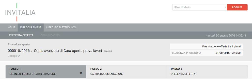 ACCESSO AL PORTALE PER LA PRESENTAZIONE DELLE OFFERTE Cliccato il pulsante Presenta offerta si accede alla procedura di presentazione offerta, in cui è disponibile il pannello riepilogativo dei passi