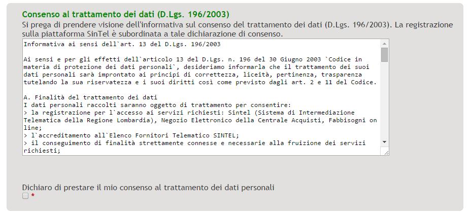 per poter proseguire con la registrazione è obbligatorio selezionare il flag di consenso al trattamento dei dati personali