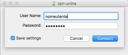 Cliccare adesso su Connect in corrispondenza della connessione vpn-unina creata in precedenza: si avvierà la connessione.