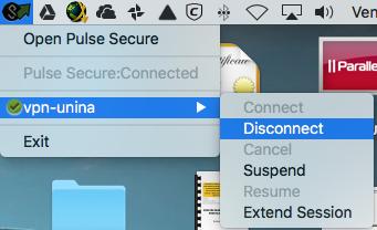 Per Mac OS cliccare con il tasto sinistro del mouse sull icona dell applicazione Pulse Secure che appare sulla barra in alto a sinistra dello schermo, nel menu a