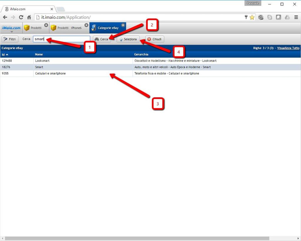 Capitolo 8 Scheda ebay Sync 2 di 5 1 - Inserisci una parola chiave in base al prodotto da caricare 2 - Clicca