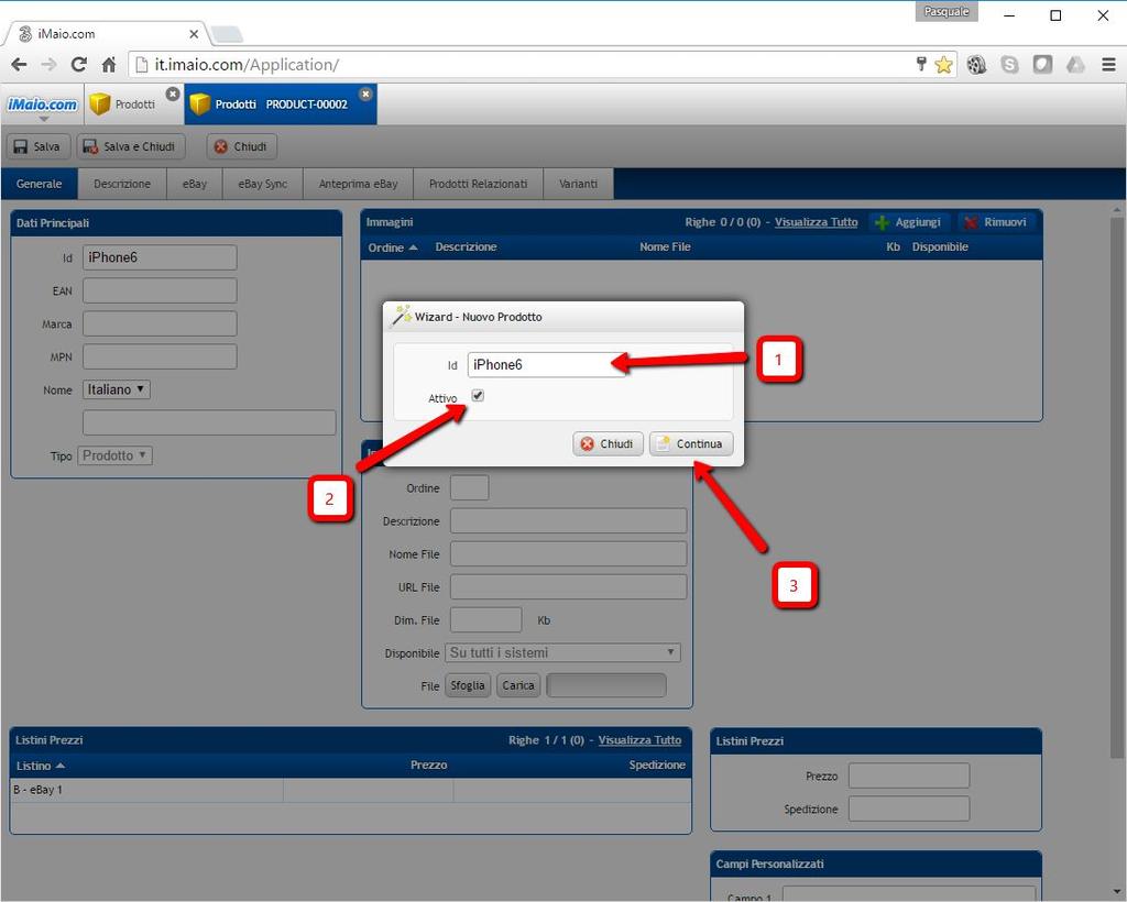 Capitolo 3 Wizard - Nuovo Prodotto Una volta caricato il wizard procedi come segue: 1 - Inserisci un codice univoco associato al prodotto da caricare 2 - Attiva il prodotto in maniera tale che sia