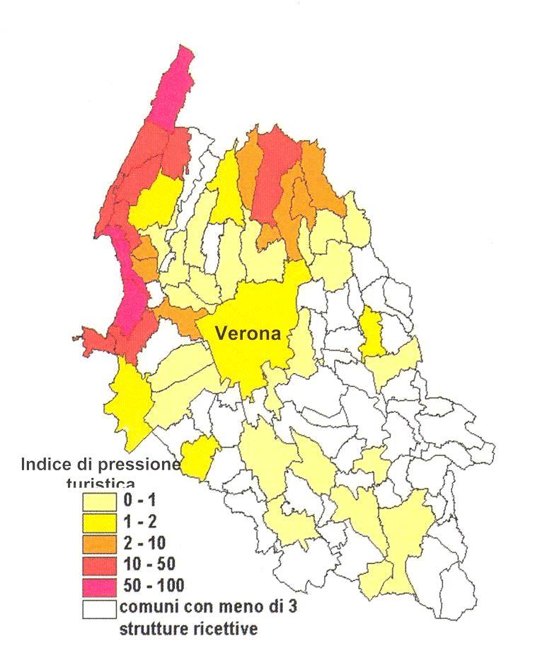Figura 20 Mappa della provincia di Verona. I comuni sono contrassegnati con colore diverso a seconda del valore dell indice di pressione turistica.