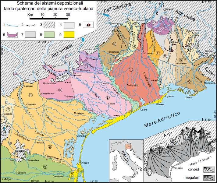 Figura 2. Schema dei sistemi deposizionali tardo quaternari della pianura veneto-friulana (Fontana et al., 2008). Nel riquadro in basso a destra uno schizzo semplificato dei conoidi e megafan.