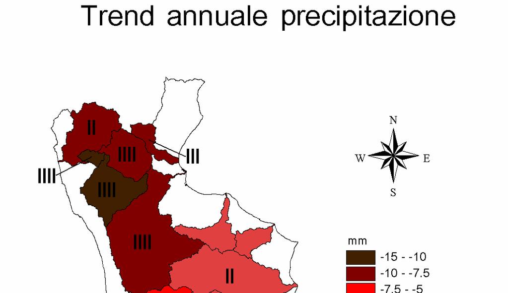 Fig. 1 Media annuale e Trend relativi alle precipitazioni osservate sui principali bacini calabresi durante il