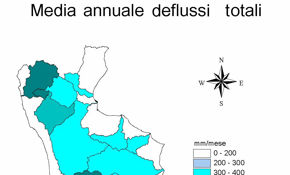 Fig. 3 Media annuale e Trend relativi ai deflussi totali osservati sui principali bacini calabresi durante il