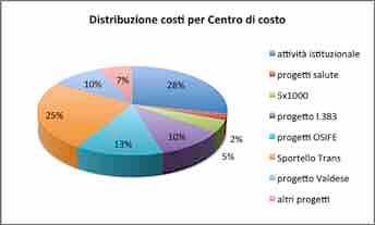 3 I centri di costo Nel centro di costo dedicato all attività istituzionale tipica dove rientra circa il 28% dei costi dell associazione (percentuale inferiore anno dopo anno), nel complesso non si