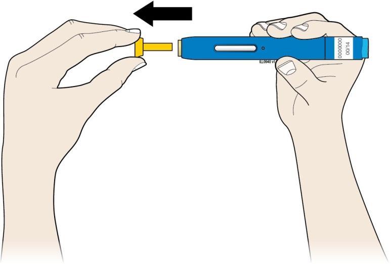 Passaggio 2: Preparazione per l iniezione E. Non appena si è pronti ad eseguire l iniezione, togliere il cappuccio giallo tirandolo in modo deciso.