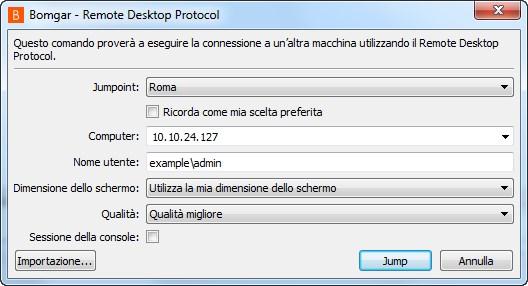 RDP verso un sistema Windows remoto Utilizzare Bomgar per avviare una sessione con protocollo RDP con un sistema Windows remoto.