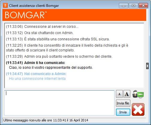 Durante la sessione il cliente può chattare con il tecnico di supporto e chiedere di inviare file al suo computer. Il cliente può anche cambiare le dimensioni dei caratteri della chat.