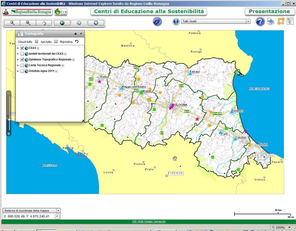 Istruzioni per consultare il sistema informativo territoriale Moka per i centri di educazione alla sostenibilità All apertura della Moka appaiono sulla carta le sedi principali dei Ceas,