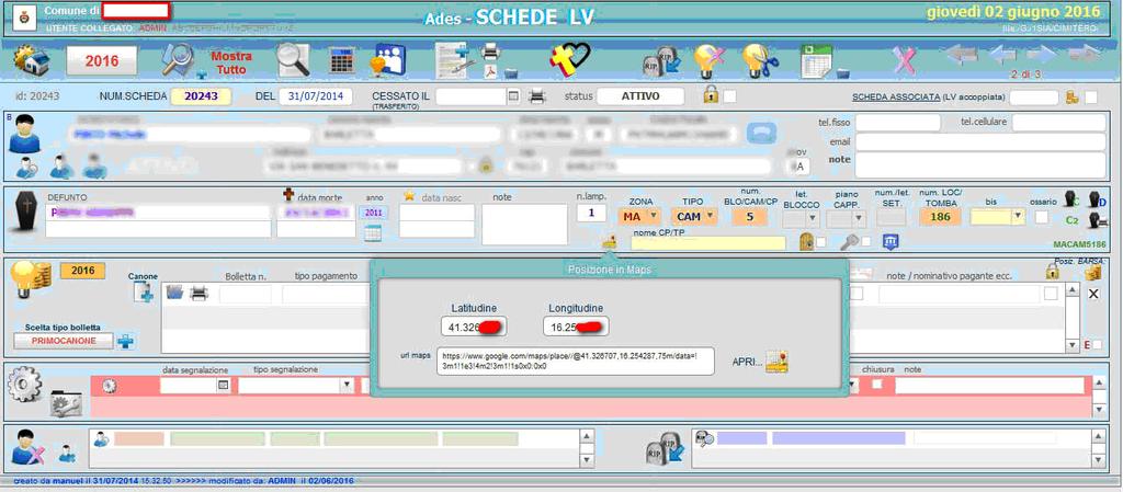 defunti collocati al suo interno con il relativo status (attivo, senza luce