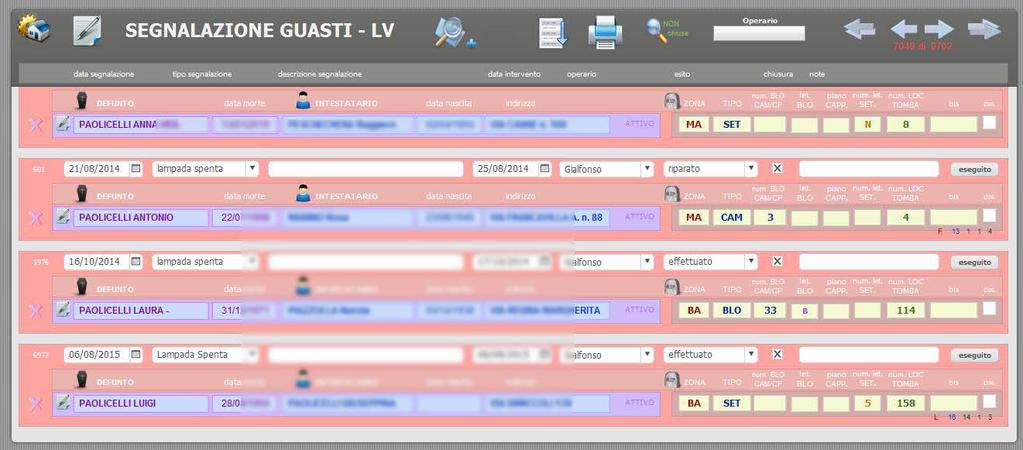 Le richieste di intervento (lampada spenta ecc.) vengono raccolte in tempo reale sulla scheda del defunto.