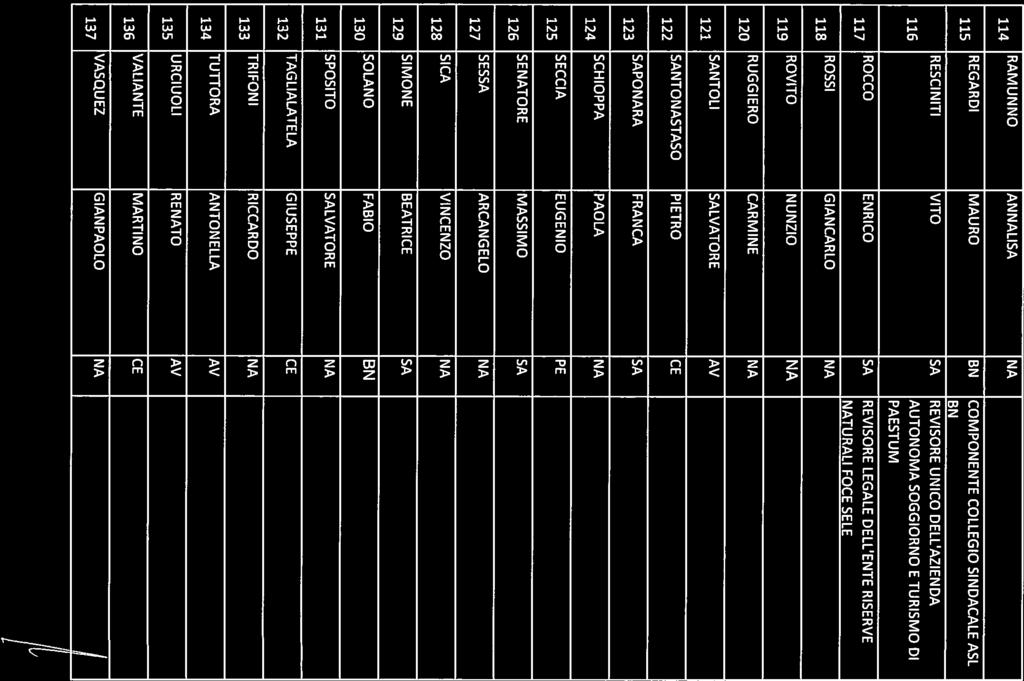 114 RAMUNNO ANNALISA NA REGAROI MAURO BN COMPONENTECOLLEGIOSINDACALEASL 115 BN RESCINITI VITO SA REVISORE UNICO DELL AZIENDA 116 AUTONOMA SOGGIORNO E TURISMO DI PAESTUM 117 118 ROCCO ENRICO SA