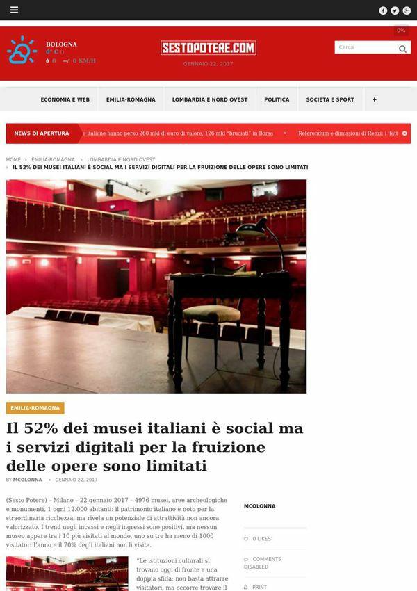 22 gennaio 2017 Sesto Potere Sistema Camerale ER Il 52% dei musei italiani è social ma i servizi digitali per la fruizione delle opere sono limitati 0 Likes Comments Disabled Print Tags Camera di